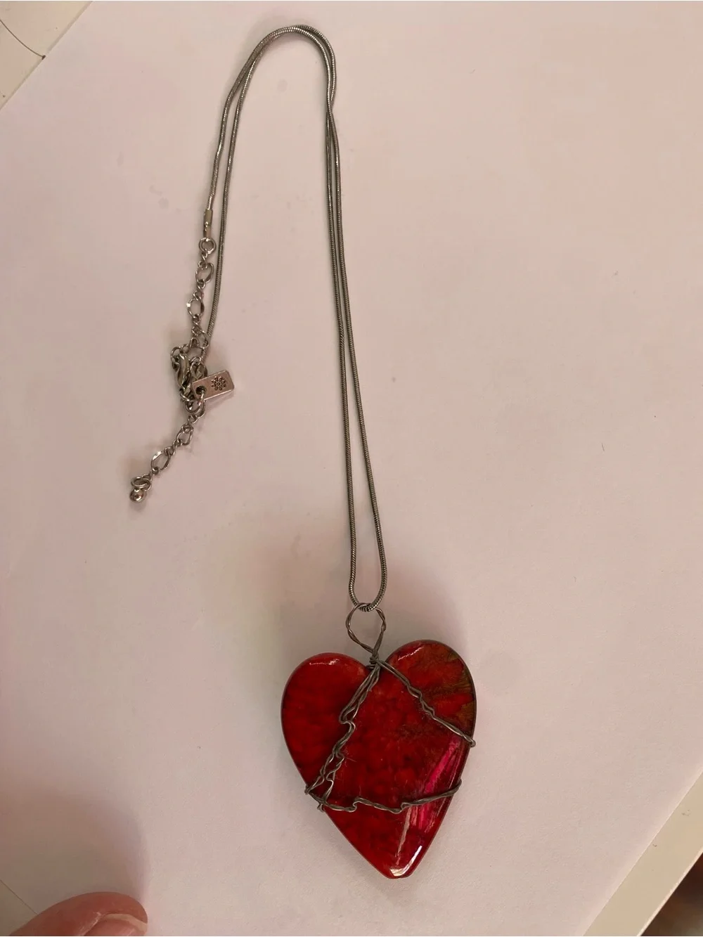 Red Heart Pendant Necklace with Silver Wire Accent 12” New